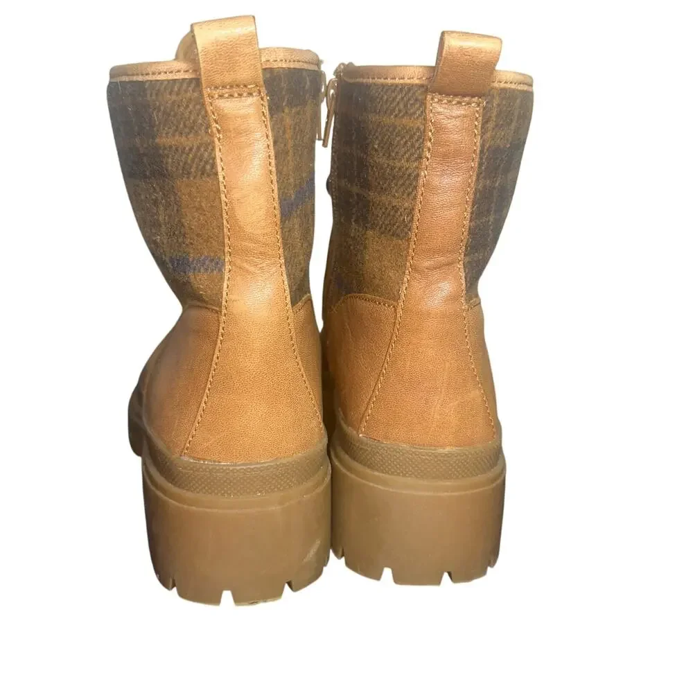 Lucky Brand LP-EDIVE Plaid Faux Fur Lace Up Lug Sole Boots Tan Brown Sz 10
